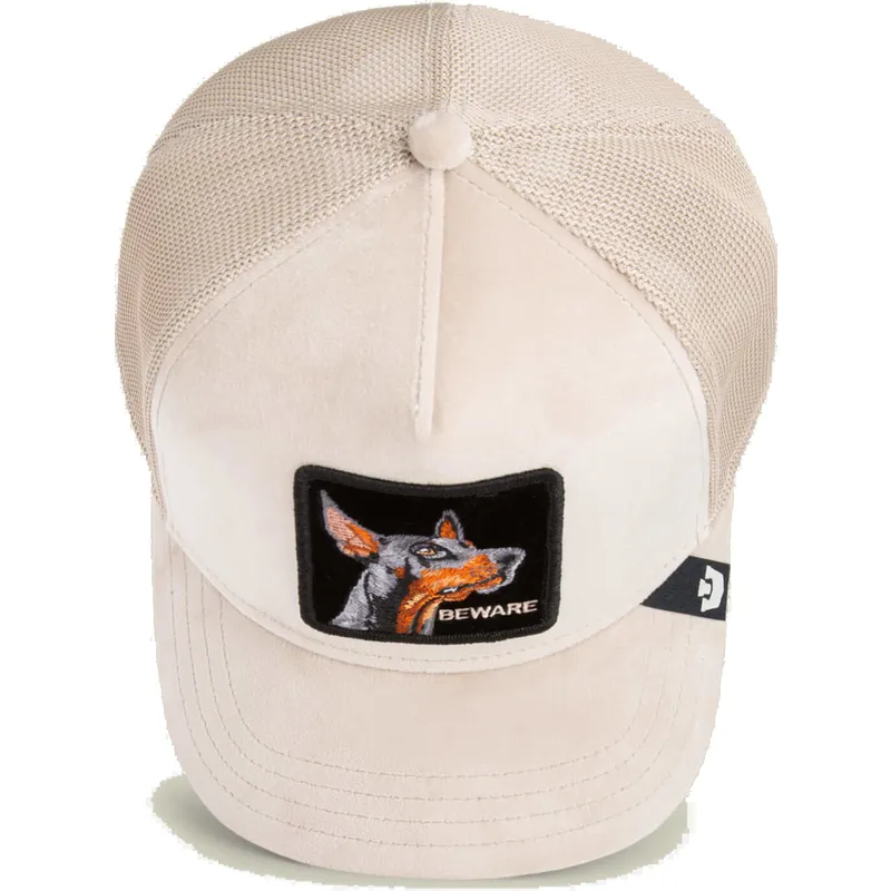 trucker-kasket-beige-hund-dobermann-beware-doberman-velour-the-farm-fra-goorin-bros