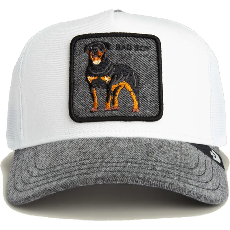trucker-cap-weiss-und-grau-hund-rottweiler-bad-boy-denim-the-farm-von-goorin-bros