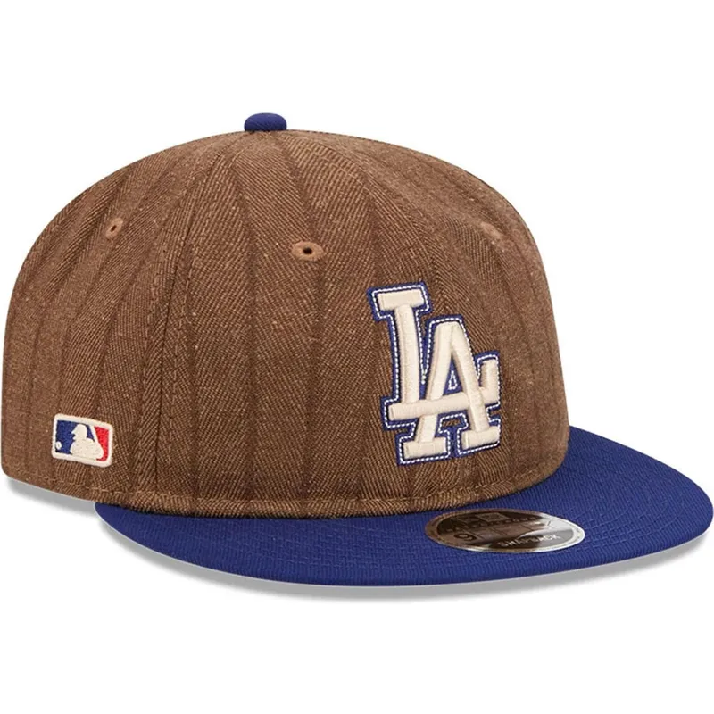 braune-und-blaue-verstellbare-flatcap-9fifty-retro-crown-wool-pinstripe-der-los-angeles-dodgers-mlb-von-new-era