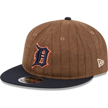 Detroit Tigers MLB New Era 9FIFTY Retro Crown uldnålstribet justerbar brun og marineblå flad kasket