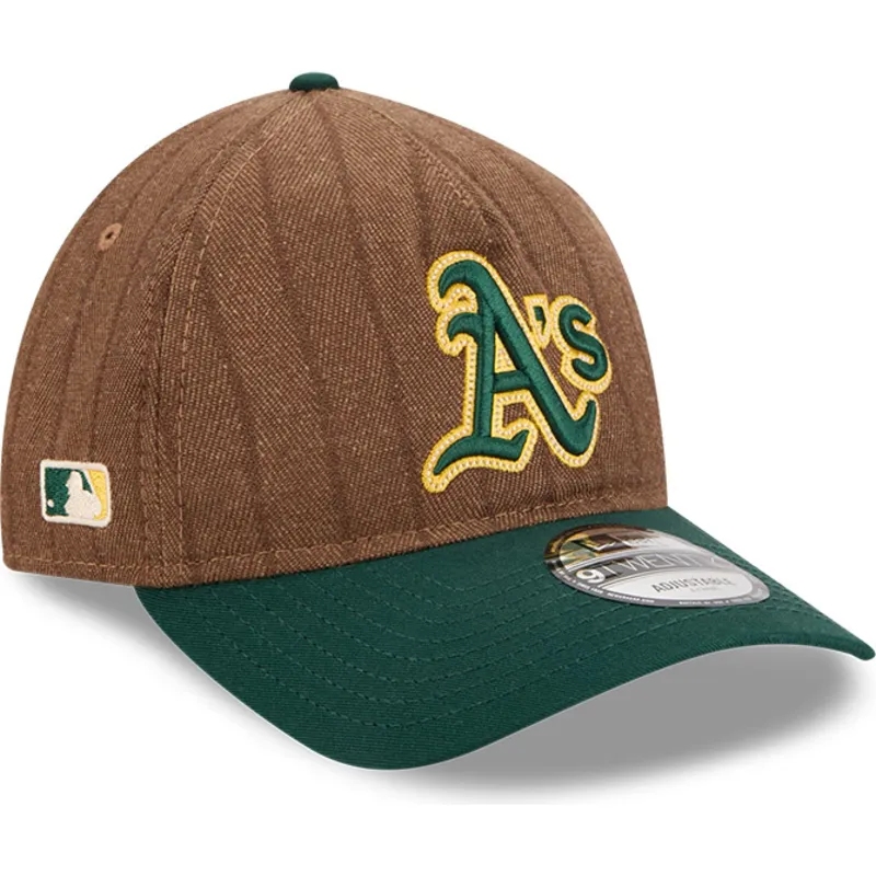 brun-og-gron-justerbar-buet-kasket-9twenty-a-frame-wool-pinstripe-fra-oakland-athletics-mlb-fra-new-era