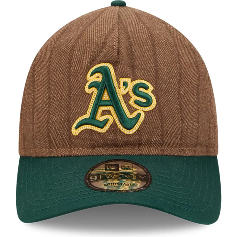 justerbar-9twenty-a-frame-uldnalstribet-brun-og-gron-buet-kasket-fra-oakland-athletics-mlb-fra-new-era