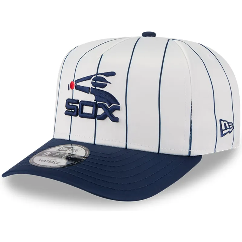 hvid-og-marinebla-buet-kasket-snapback-9fifty-a-frame-satin-pinstripe-fra-chicago-white-sox-mlb-fra-new-era