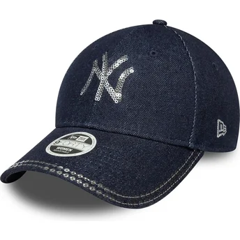 New Era New York Yankees MLB 9FORTY Sequin Denim justerbar marineblå buet kasket til kvinder