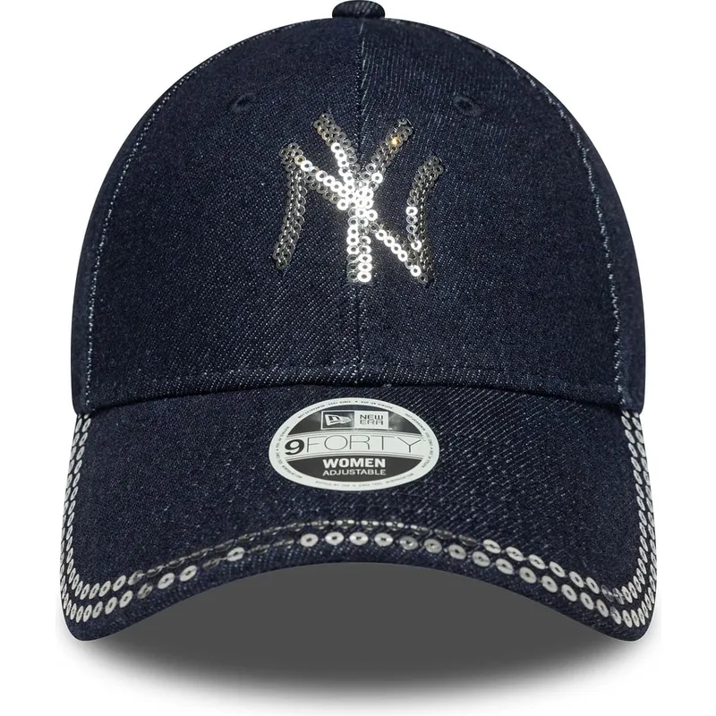 marinebla-justerbar-buet-kasket-til-kvinder-9forty-sequin-denim-fra-new-york-yankees-mlb-fra-new-era