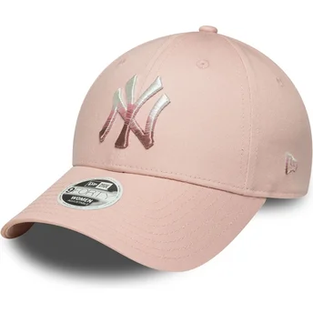 Gebogene rosa verstellbare Damenkappe 9FORTY Metallic Logo der New York Yankees MLB von New Era