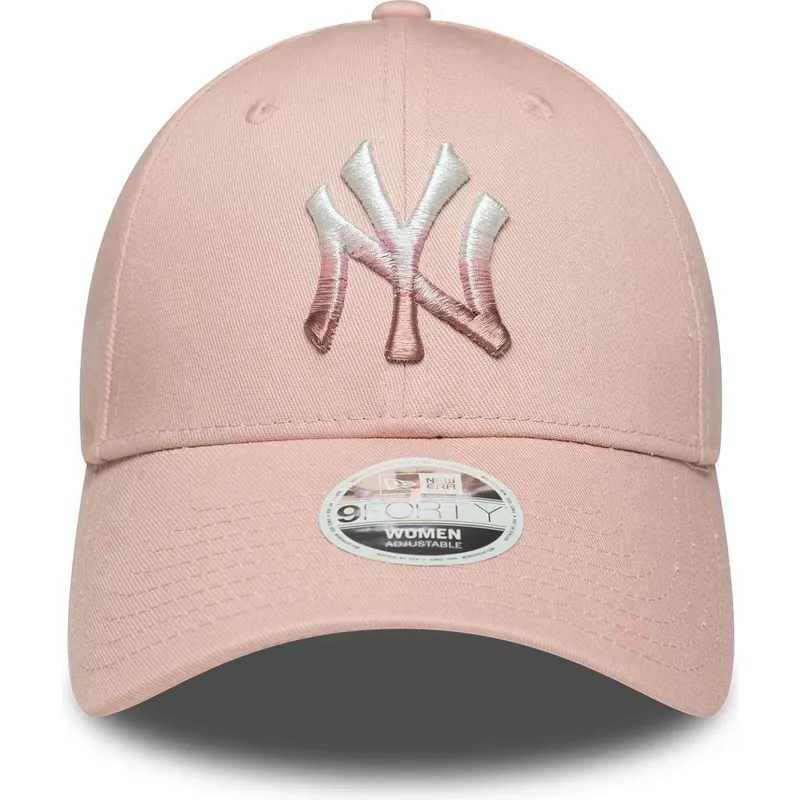 gebogene-rosa-verstellbare-damenkappe-9forty-metallic-logo-der-new-york-yankees-mlb-von-new-era