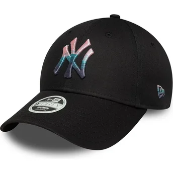 Verstellbare schwarze Damen-Cap mit gebogenem Schirm 9FORTY Metallic Logo der New York Yankees MLB von New Era