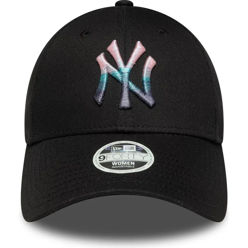 schwarze-gebogene-verstellbare-damenkappe-9forty-metallic-logo-der-new-york-yankees-mlb-von-new-era