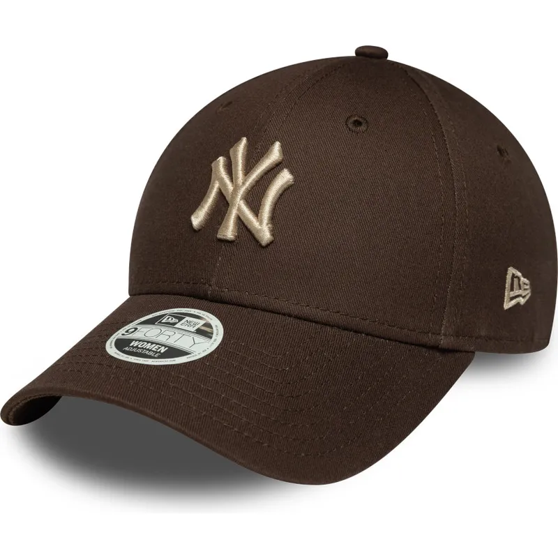 braune-gebogene-verstellbare-damenkappe-mit-beigem-logo-9forty-league-essential-der-new-york-yankees-mlb-von-new-era
