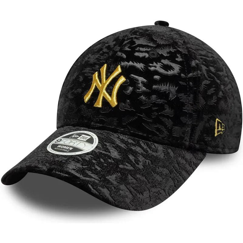 sort-justerbar-buet-kasket-til-kvinder-med-gult-logo-9forty-leo-velour-metallic-fra-new-york-yankees-mlb-fra-new-era