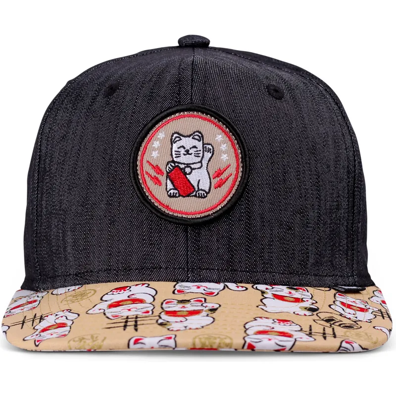sort-og-flerfarvet-flad-snapback-kasket-til-drenge-lucky-cat-linen-rev-fra-djinns