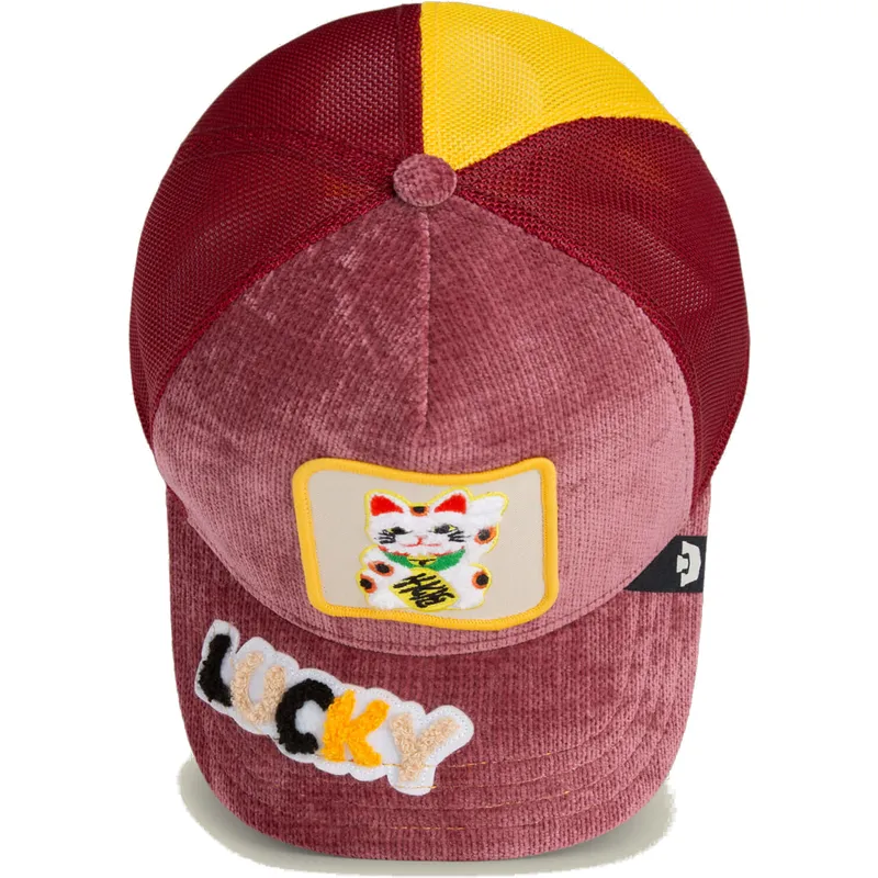 trucker-cap-rot-katze-lucky-maneki-neko-happy-thoughts-the-farm-von-goorin-bros