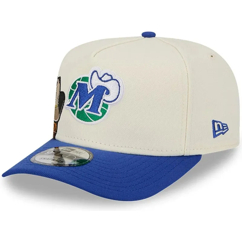 buet-beige-og-bla-snapback-kasket-9fifty-a-frame-precurved-hardwood-classics-fra-dallas-mavericks-nba-fra-new-era