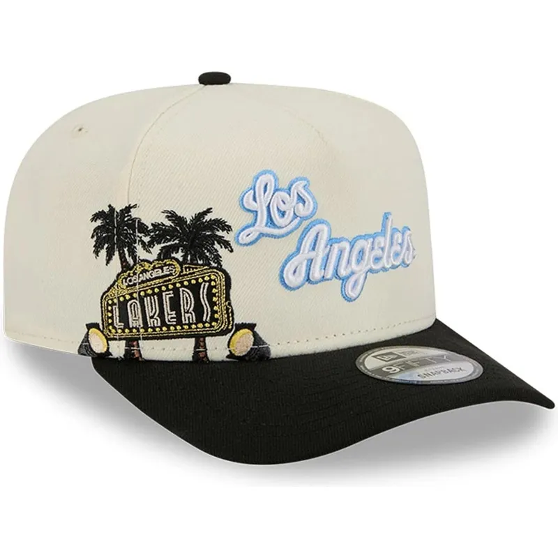 beige-og-sort-snapback-kasket-9fifty-a-frame-precurved-hardwood-classics-fra-los-angeles-lakers-nba-fra-new-era