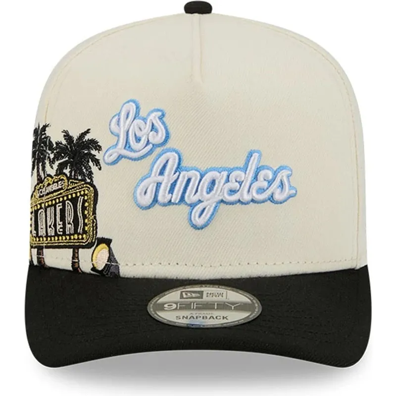 beige-og-sort-snapback-kasket-9fifty-a-frame-precurved-hardwood-classics-fra-los-angeles-lakers-nba-fra-new-era