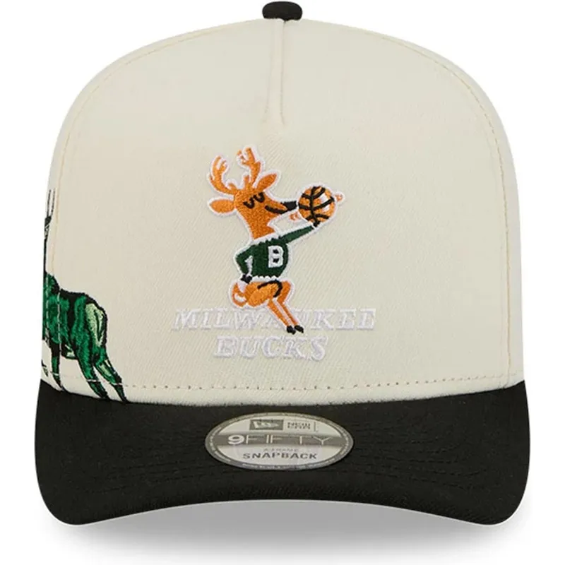 buet-beige-og-sort-snapback-kasket-9fifty-a-frame-precurved-hardwood-classics-fra-milwaukee-bucks-nba-fra-new-era