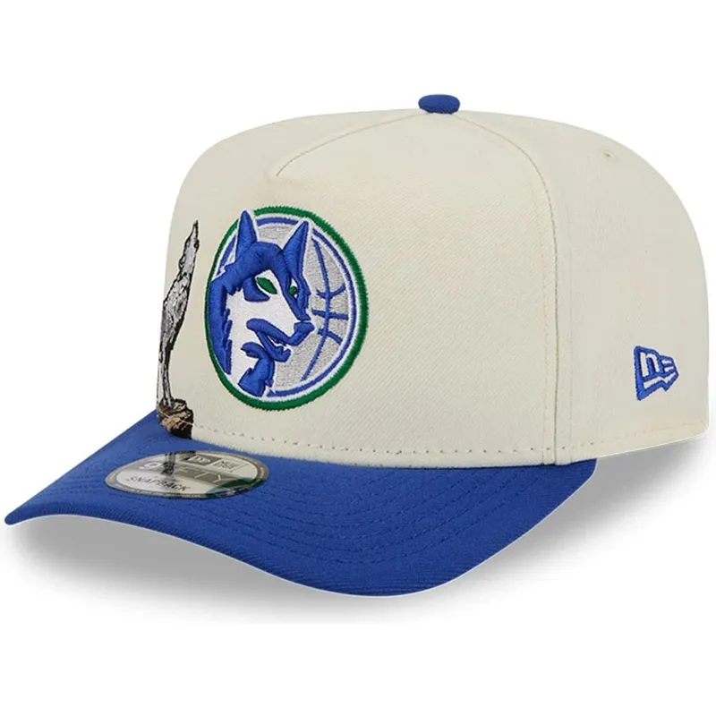 beige-og-bla-snapback-kasket-med-bojning-9fifty-a-frame-precurved-hardwood-classics-fra-minnesota-timberwolves-nba-fra-new-era
