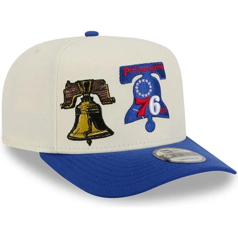 buet-beige-og-bla-snapback-kasket-9fifty-a-frame-precurved-hardwood-classics-fra-philadelphia-76ers-nba-fra-new-era