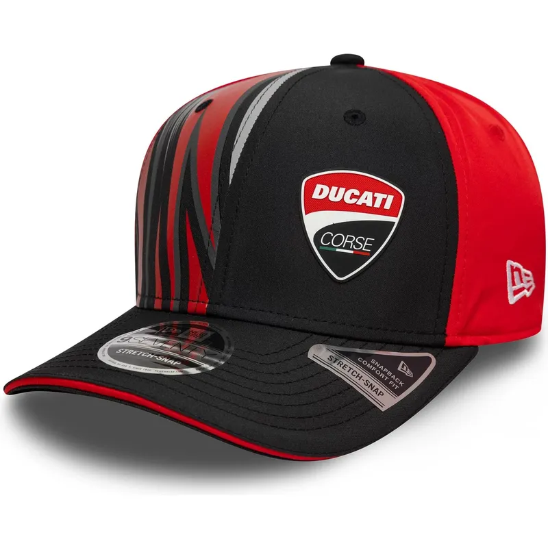 sort-og-rod-buet-kasket-snapback-9seventy-stretch-snap-print-fra-ducati-motor-motogp-fra-new-era