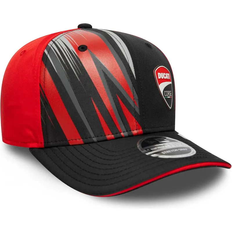sort-og-rod-buet-kasket-snapback-9seventy-stretch-snap-print-fra-ducati-motor-motogp-fra-new-era