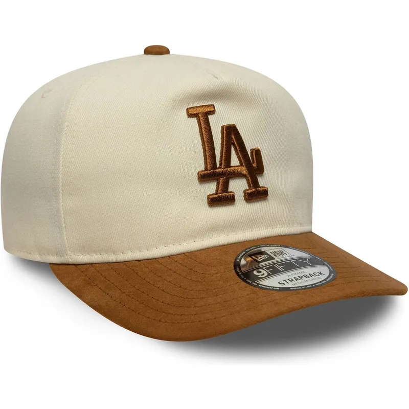buet-beige-og-brun-justerbar-kasket-9fifty-a-frame-suede-visor-fra-los-angeles-dodgers-mlb-fra-new-era