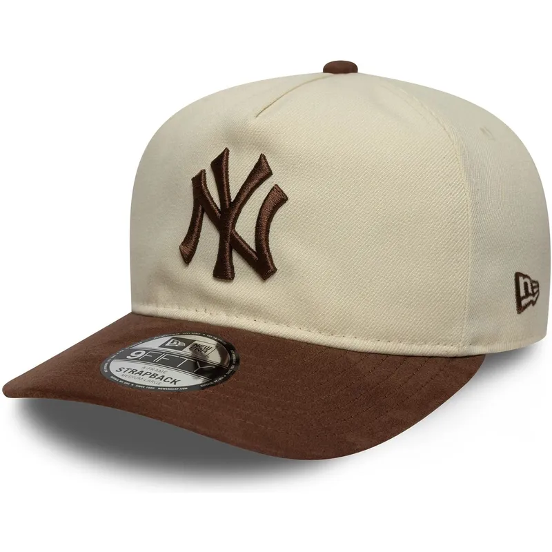 buet-beige-og-brun-justerbar-kasket-9fifty-a-frame-suede-visor-fra-new-york-yankees-mlb-fra-new-era