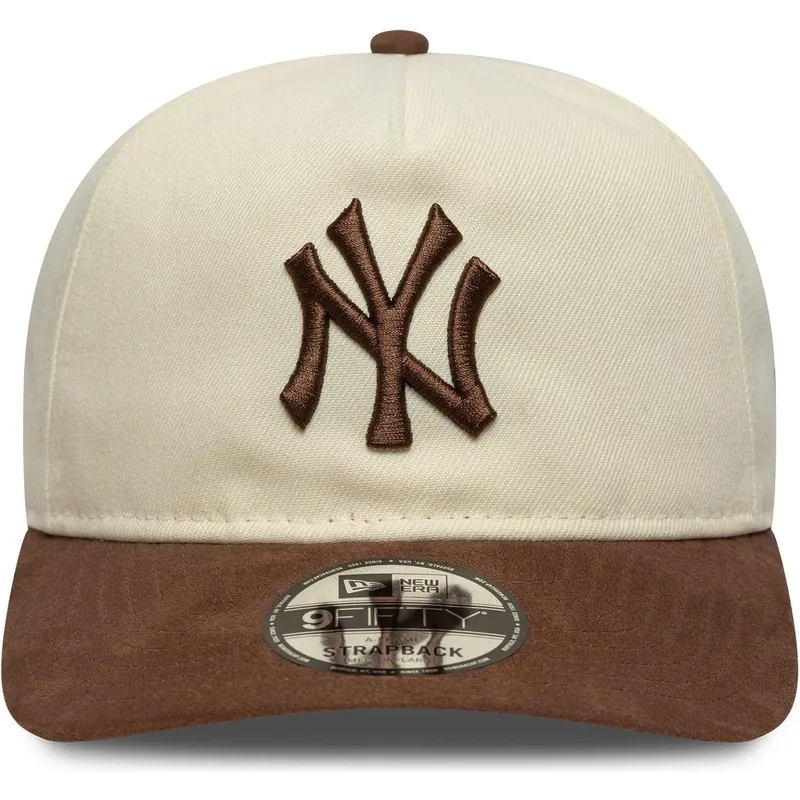 buet-beige-og-brun-justerbar-kasket-9fifty-a-frame-suede-visor-fra-new-york-yankees-mlb-fra-new-era