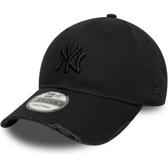 New Era Извита Козирка Черно Лого 9FORTY Wash Distress New York Yankees MLB Черна Регулируема Шапка