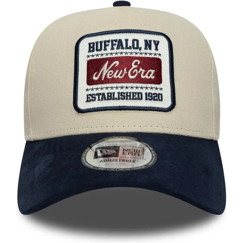 new-era-curved-brim-9forty-e-frame-patch-suede-beige-and-navy-blue-adjustable-cap