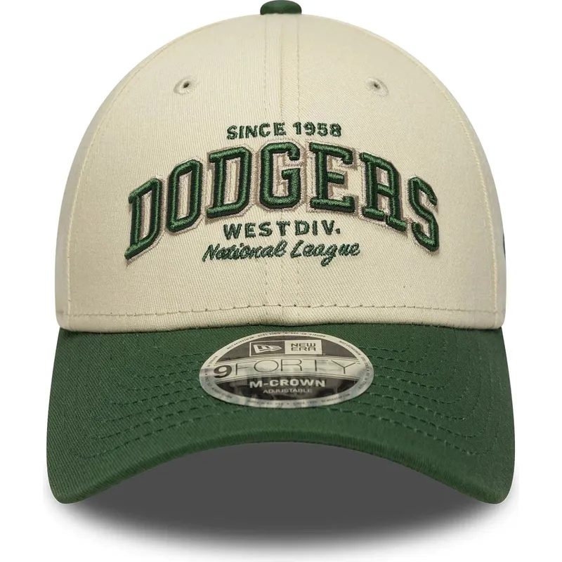beige-og-gron-justerbar-kurvet-kasket-9forty-m-crown-wordmark-fra-los-angeles-dodgers-mlb-fra-new-era