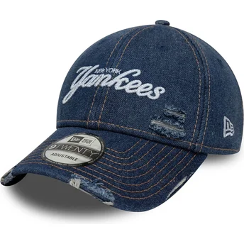New Era Curved Brim 9TWENTY Denim Distress New York Yankees MLB Blue Adjustable Cap