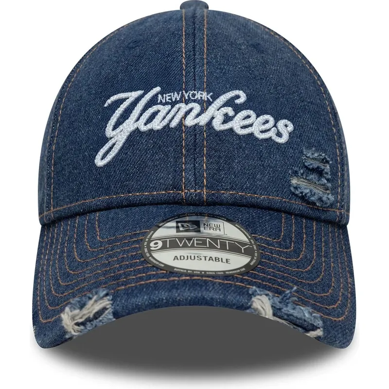 blaue-gebogene-verstellbare-kappe-9twenty-denim-distress-der-new-york-yankees-mlb-von-new-era