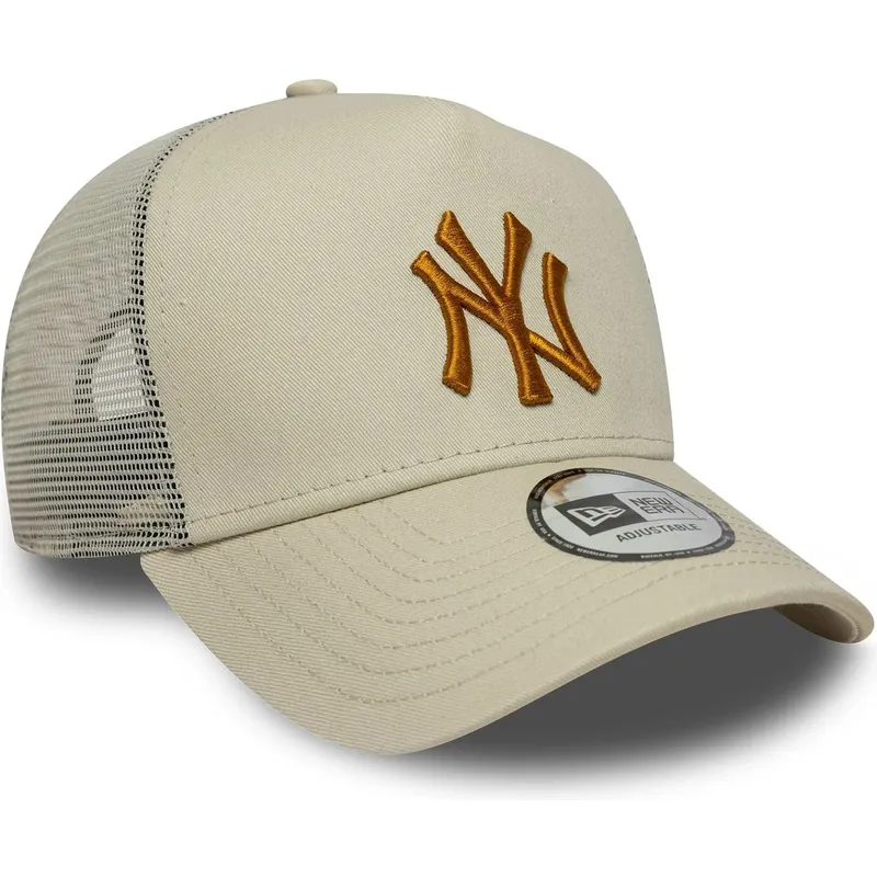 casquette-trucker-beige-avec-logo-marron-a-frame-league-essential-new-york-yankees-mlb-new-era