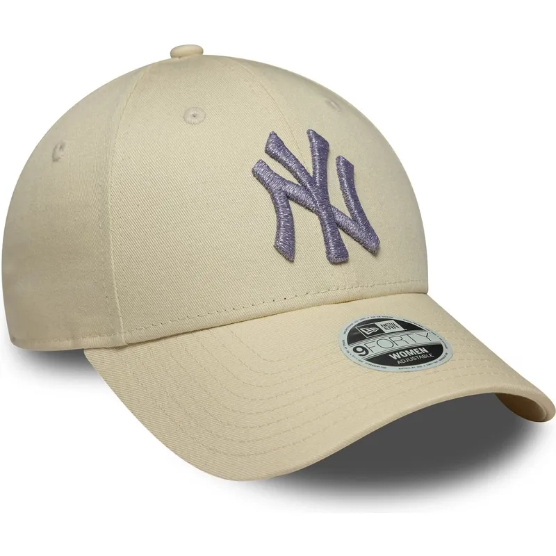 new-era-curved-brim-women-purple-logo-9forty-metallic-logo-new-york-yankees-mlb-beige-adjustable-cap