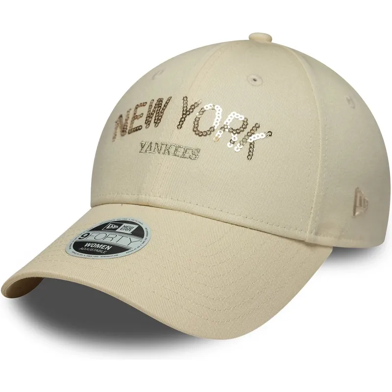 shapka-izvita-bezhov-reguliruema-9forty-sequin-wordmark-na-new-york-yankees-mlb-ot-new-era