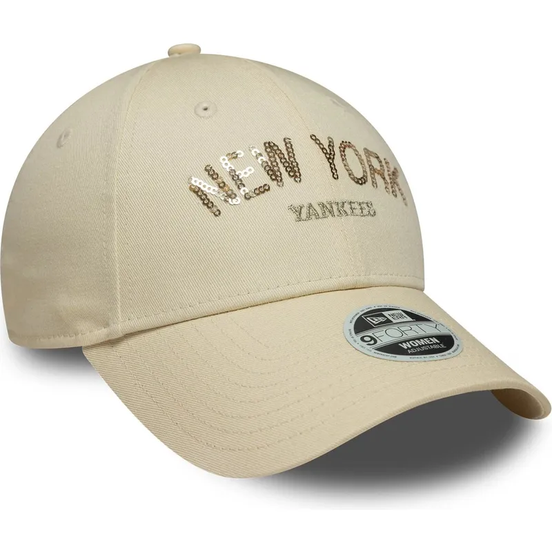 shapka-izvita-bezhov-reguliruema-9forty-sequin-wordmark-na-new-york-yankees-mlb-ot-new-era
