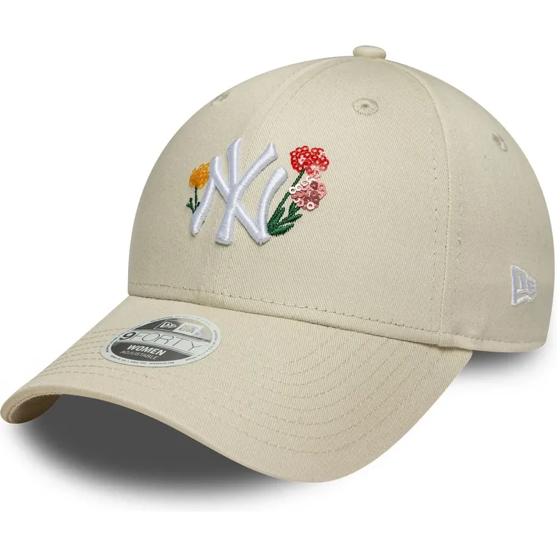 buet-beige-justerbar-kasket-til-kvinder-9forty-floral-icon-fra-new-york-yankees-mlb-fra-new-era
