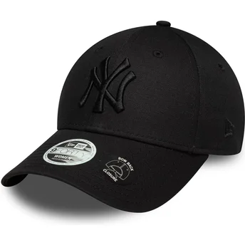 New Era Curved Brim Women Black Logo 9FORTY Bow Back New York Yankees MLB Black Adjustable Cap