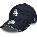 marineblaue-gebogene-verstellbare-damenkappe-9twenty-denim-stitch-der-los-angeles-dodgers-mlb-von-new-era