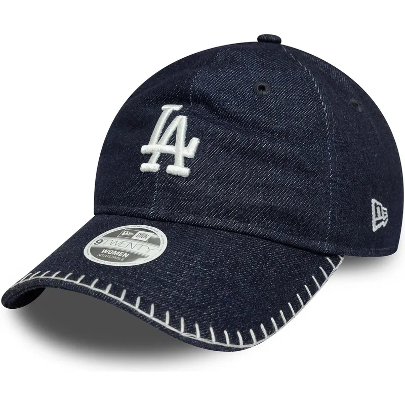 marinebla-justerbar-buet-kasket-til-kvinder-9twenty-denim-stitch-fra-los-angeles-dodgers-mlb-fra-new-era