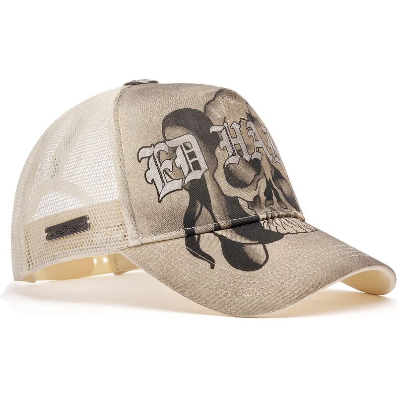 shapka-izvita-traker-bezhov-snapbek-gothic-skull-graphic-ot-ed-hardy