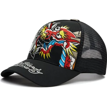 Gorra trucker negra Dragon And Roses Graphic de Ed Hardy