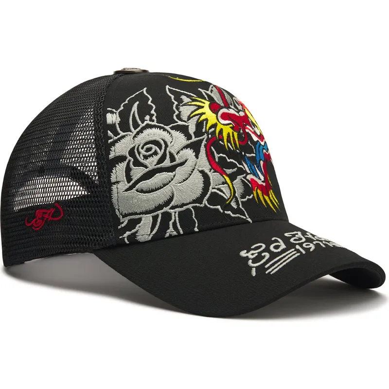 schwarze-trucker-kappe-dragon-and-roses-graphic-von-ed-hardy