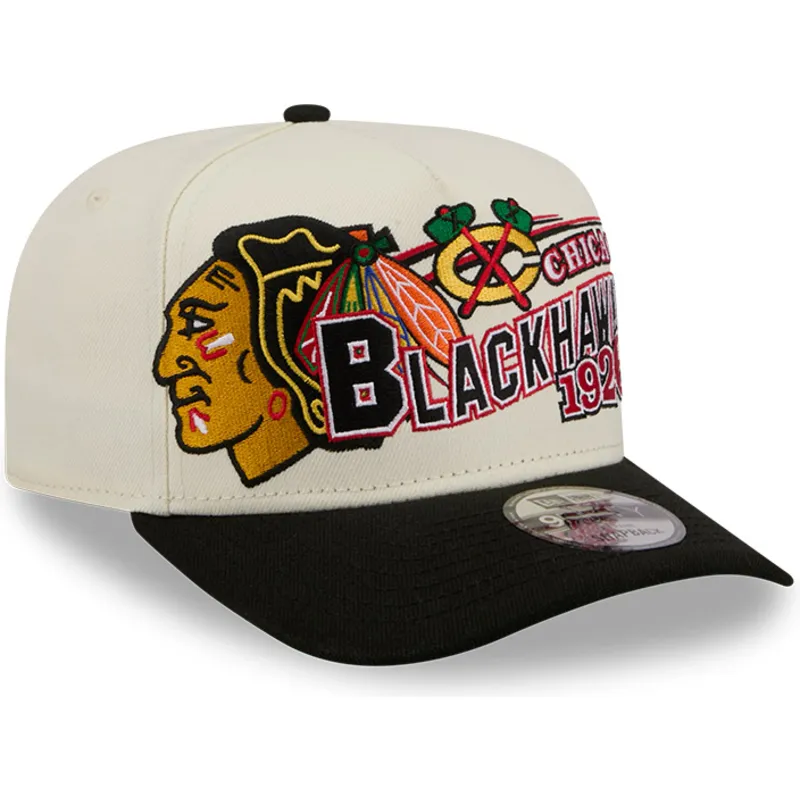 beige-und-schwarze-gebogene-snapback-kappe-9fifty-a-frame-classic-der-chicago-blackhawks-nhl-von-new-era