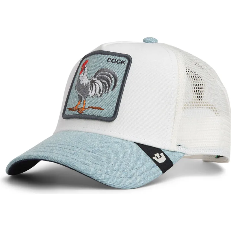 hvid-og-bla-trucker-kasket-med-hane-cock-denim-rooster-the-farm-fra-goorin-bros