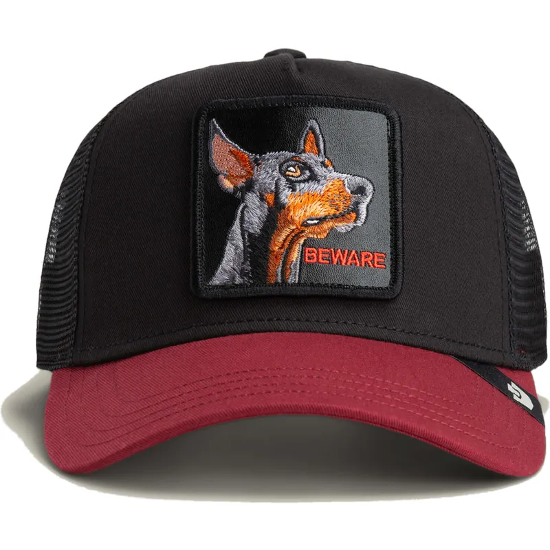 trucker-cap-schwarz-und-rot-dobermann-hund-beware-the-farm-von-goorin-bros