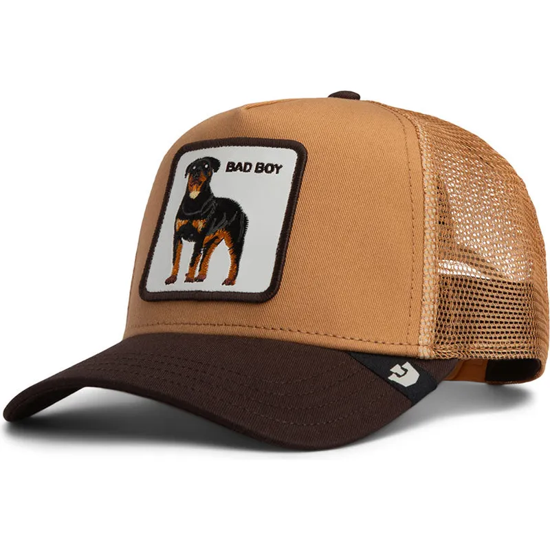 gorra-trucker-marron-para-nino-perro-rottweiler-bad-boy-mini-the-farm-de-goorin-bros