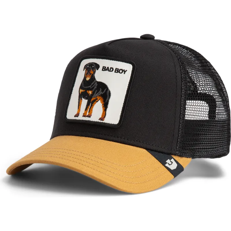 trucker-kasket-sort-og-brun-hund-rottweiler-bad-boy-the-farm-fra-goorin-bros