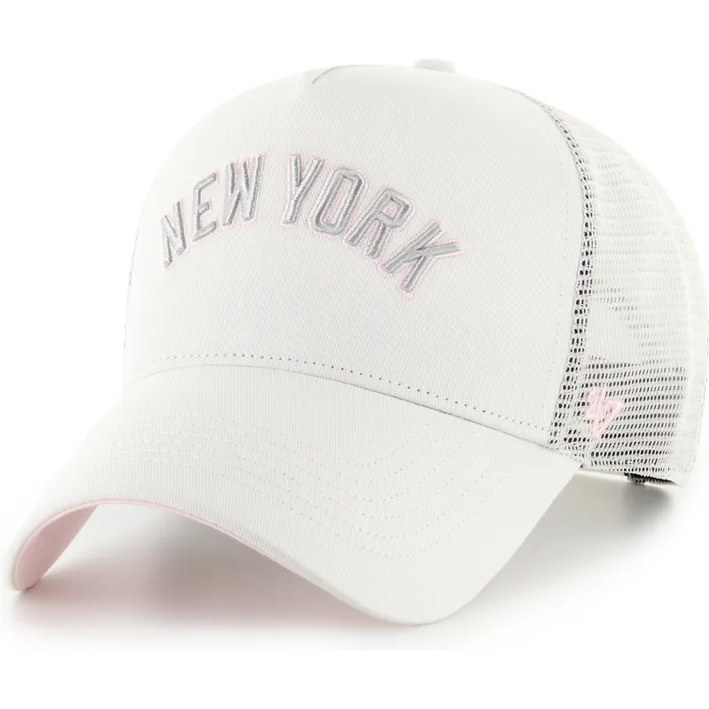beige-og-lyserod-trucker-kasket-offside-dt-soft-glow-script-fra-new-york-yankees-mlb-fra-47-brand